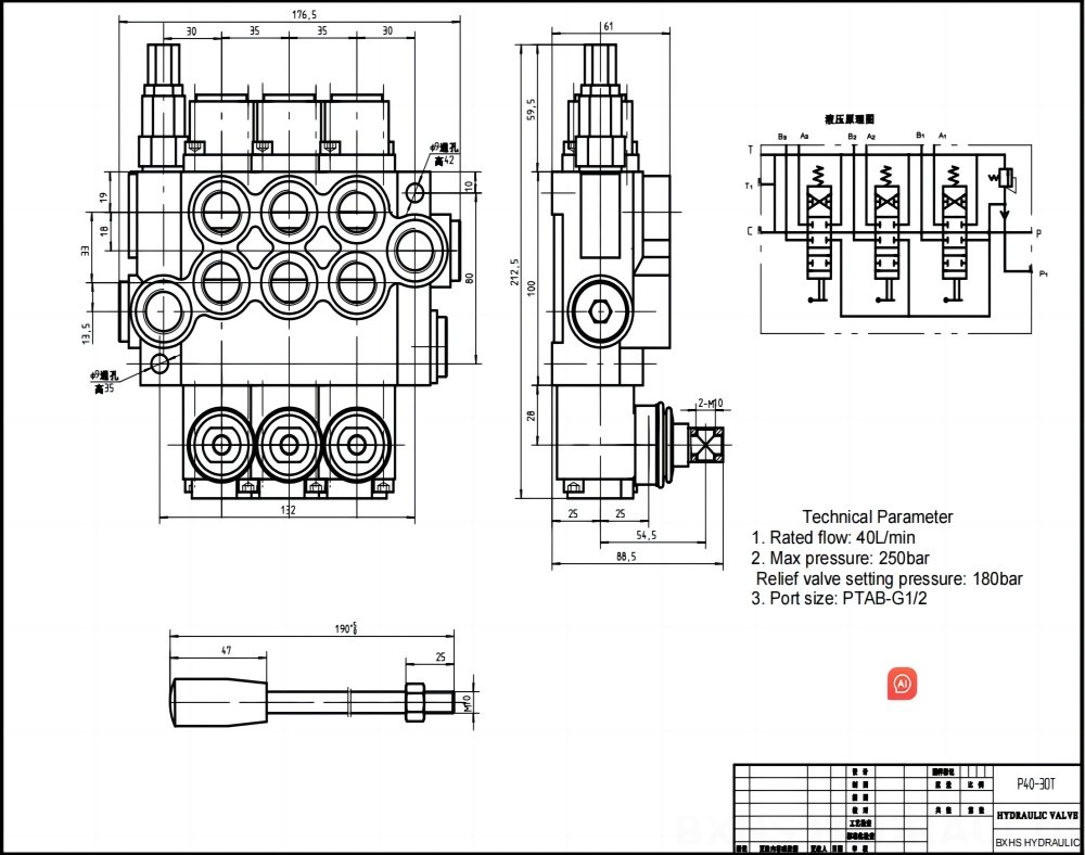 P40 Manuell 3 Steuerkolben Monoblock-Wegeventil drawing image