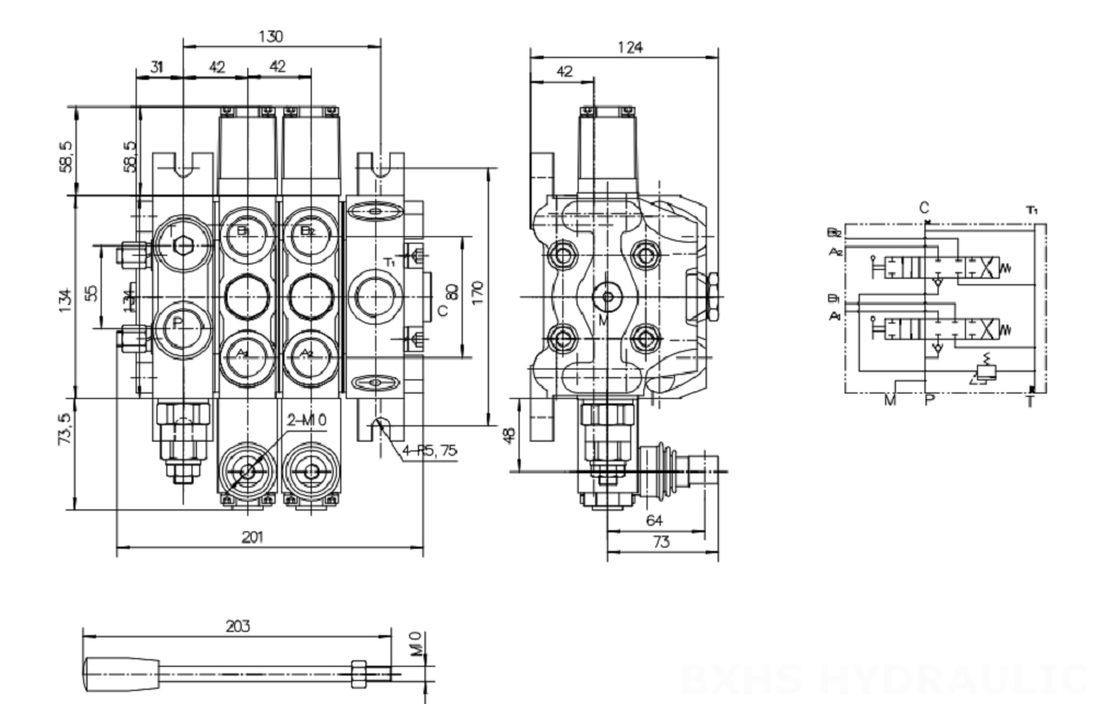 DCV100 Manuell 2 Steuerkolben Sektionalwegeventil drawing image