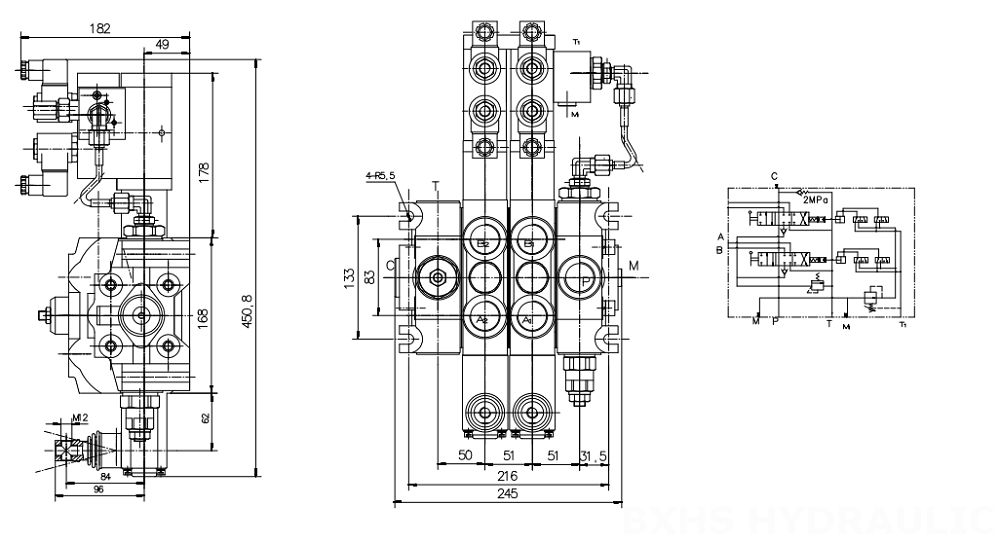 DCV200 Elektrohydraulisch 2 Steuerkolben Sektionalwegeventil drawing image