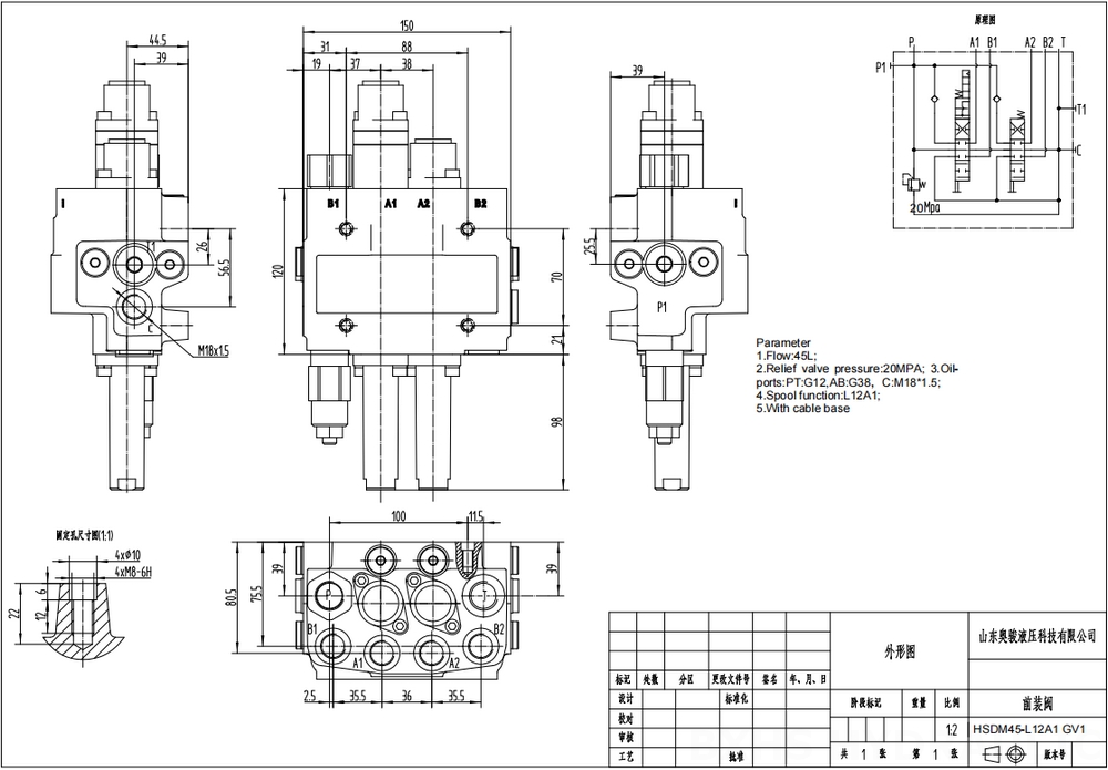 DM45 Kabel 2 Steuerkolben Monoblock-Wegeventil drawing image