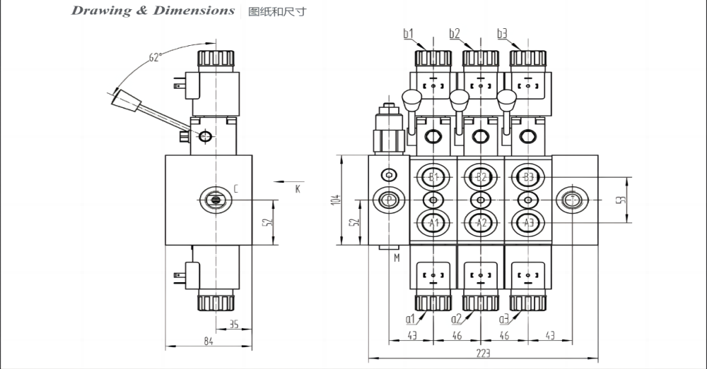 DCV58 Magnet und manuell 3 Steuerkolben Sektionalwegeventil drawing image