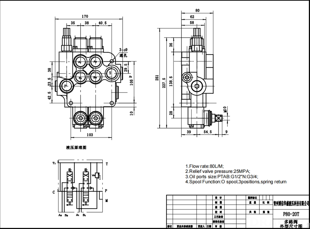 P80A Manuell 2 Steuerkolben Monoblock-Wegeventil drawing image