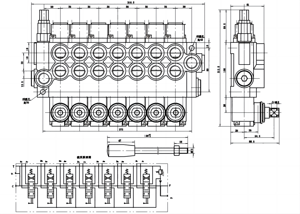 P40-U78 Manuell 7 Steuerkolben Monoblock-Wegeventil drawing image