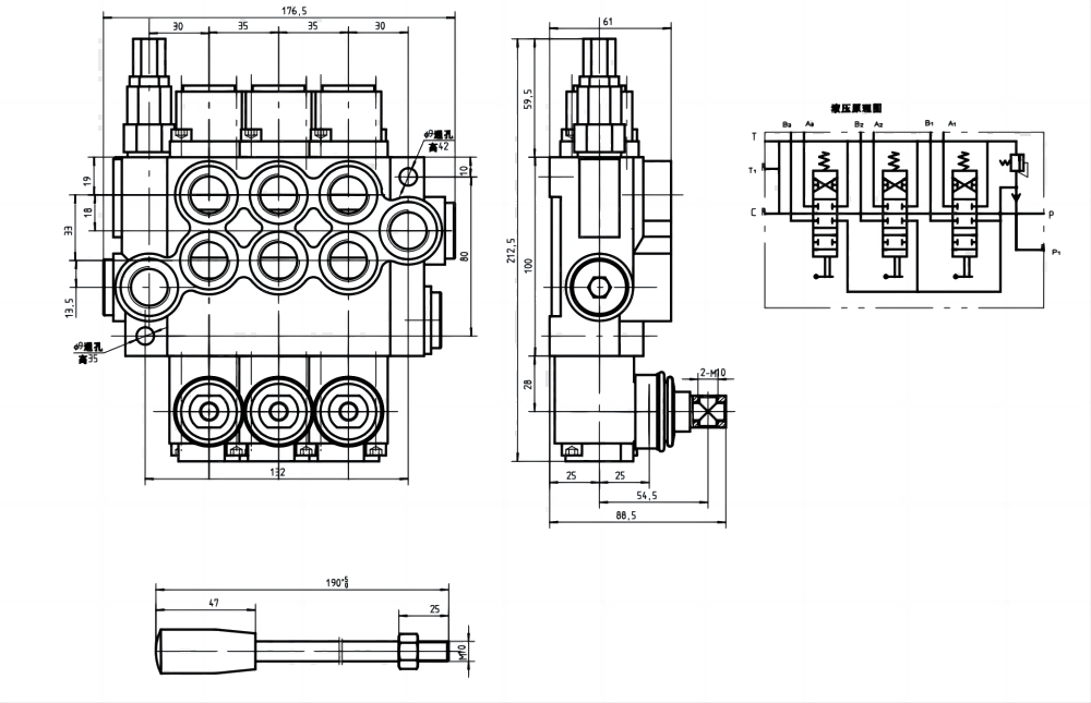 P40-G12-G38-OT-OT-OT Manuell 3 Steuerkolben Monoblock-Wegeventil drawing image