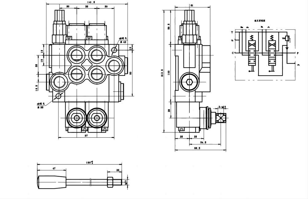 P40-G12-2OT Manuell 2 Steuerkolben Monoblock-Wegeventil drawing image