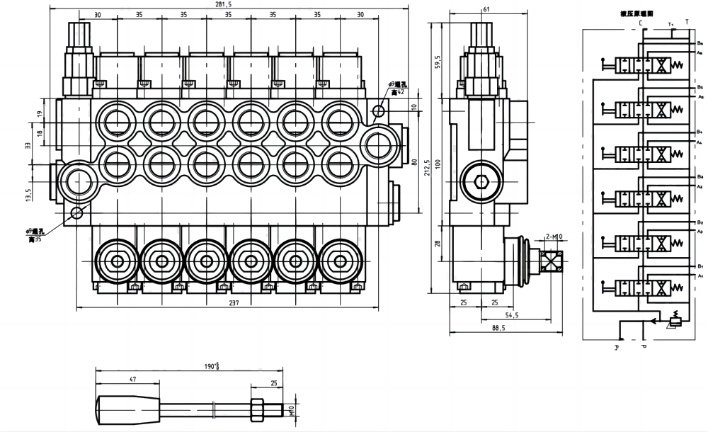 P40-U34 Manuell 6 Steuerkolben Monoblock-Wegeventil drawing image