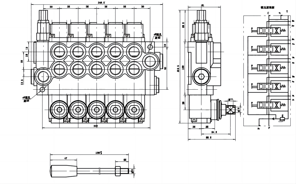 P40-U78 Manuell 5 Steuerkolben Monoblock-Wegeventil drawing image