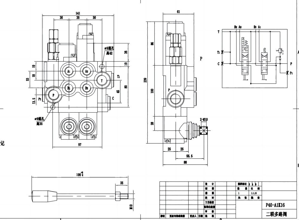 P40-AQF-G38-G12 Manuell 2 Steuerkolben Monoblock-Wegeventil drawing image