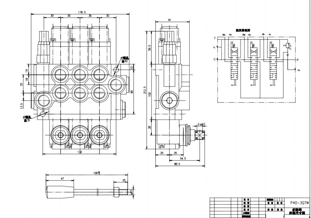 P40-G12-G38-3QTW Manuell 3 Steuerkolben Monoblock-Wegeventil drawing image