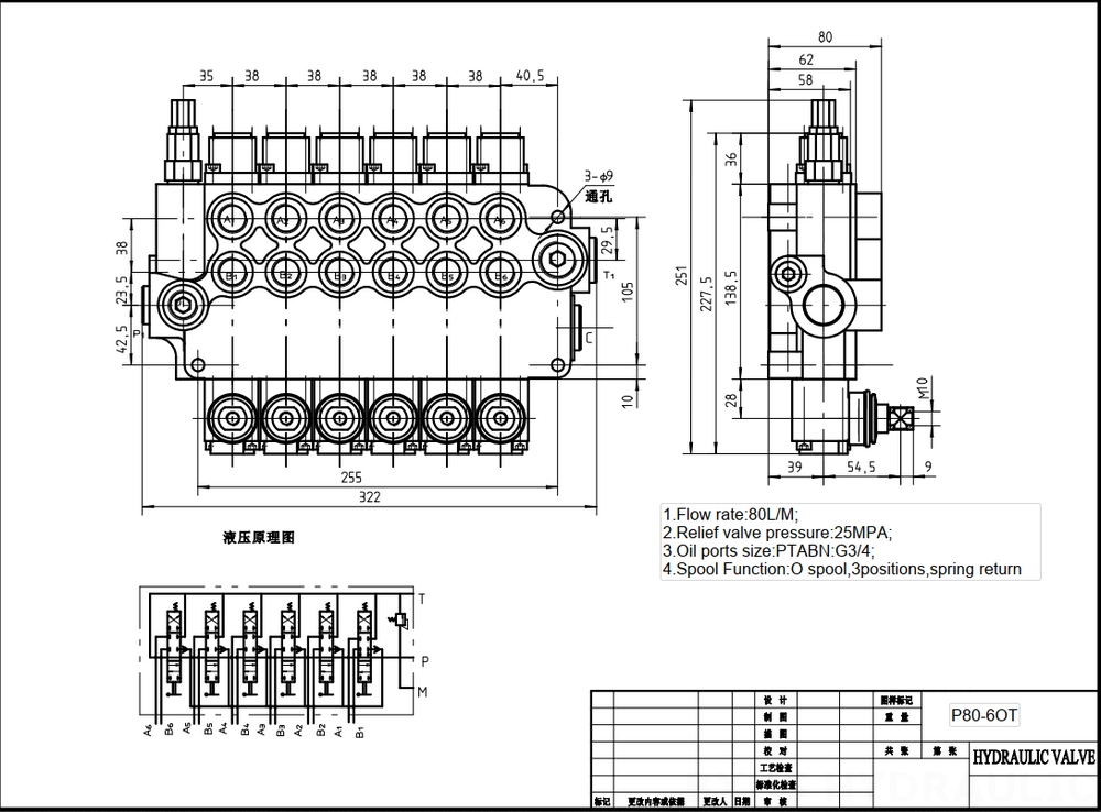 P80-G12-G34-6OT Manuell 6 Steuerkolben Monoblock-Wegeventil drawing image