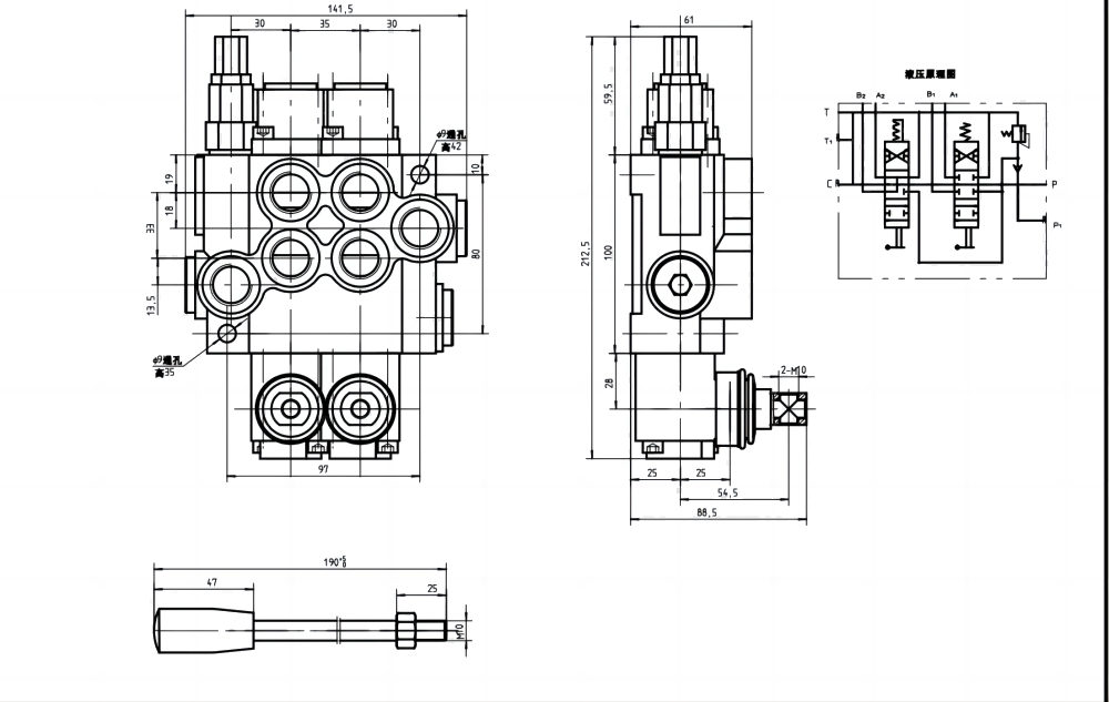 P40-U78-U34-OT-YW Manuell 2 Steuerkolben Monoblock-Wegeventil drawing image