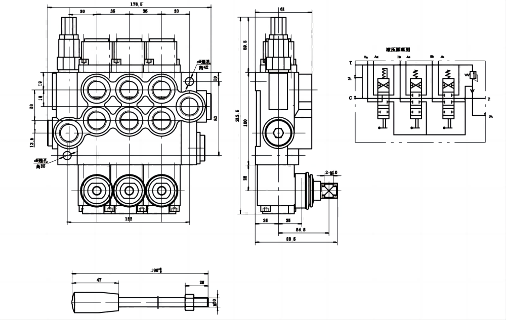 P40-U78-U34-2OT-YW Manuell 3 Steuerkolben Monoblock-Wegeventil drawing image