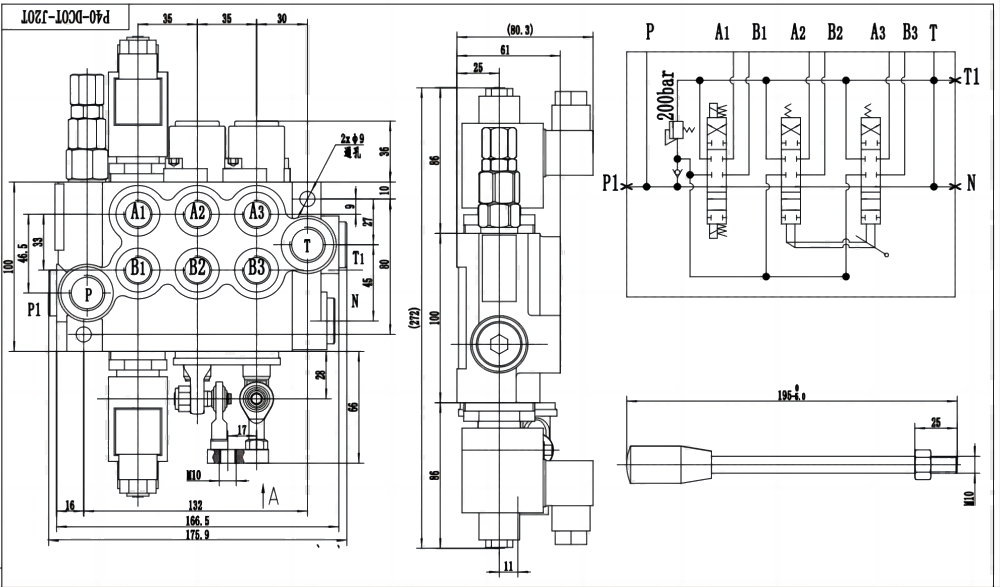 P40 Magnet und Joystick 3 Steuerkolben Monoblock-Wegeventil drawing image