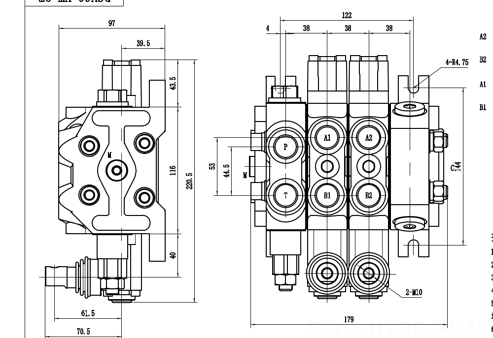 DCV60-Double control Manuell 2 Steuerkolben Sektionalwegeventil drawing image