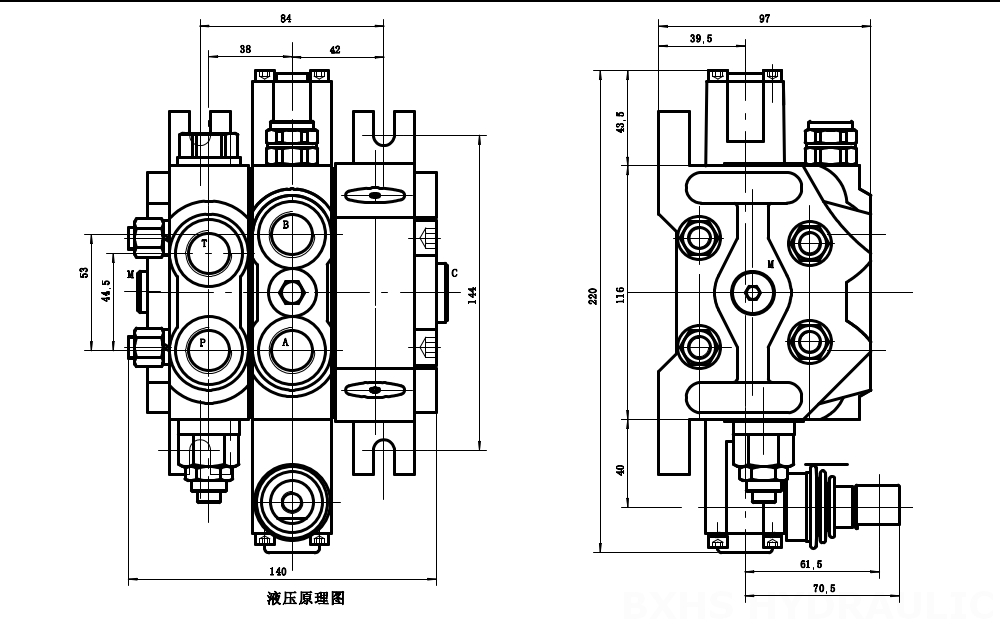 DCV60-G34 Hydraulisch 1 Steuerkolben Sektionalwegeventil drawing image