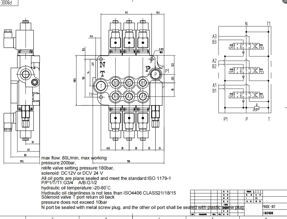 P80 Magnet 3 Steuerkolben Monoblock-Wegeventil drawing image