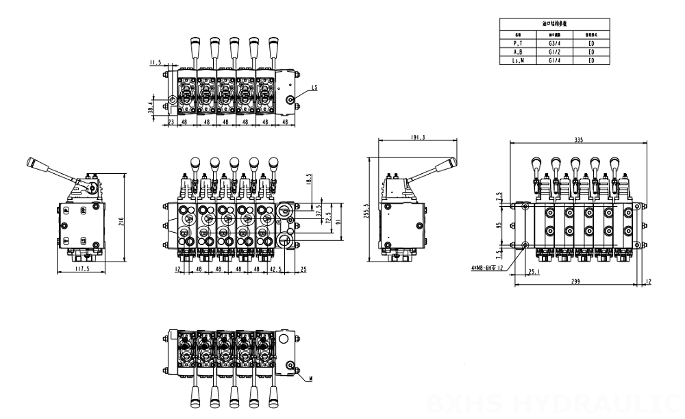 HSDSL Elektrisch proportional und manuell 6 Steuerkolben Proportionalventil drawing image