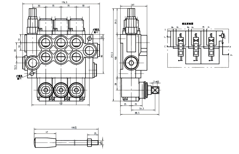 P40-G12 Manuell 3 Steuerkolben Monoblock-Wegeventil drawing image