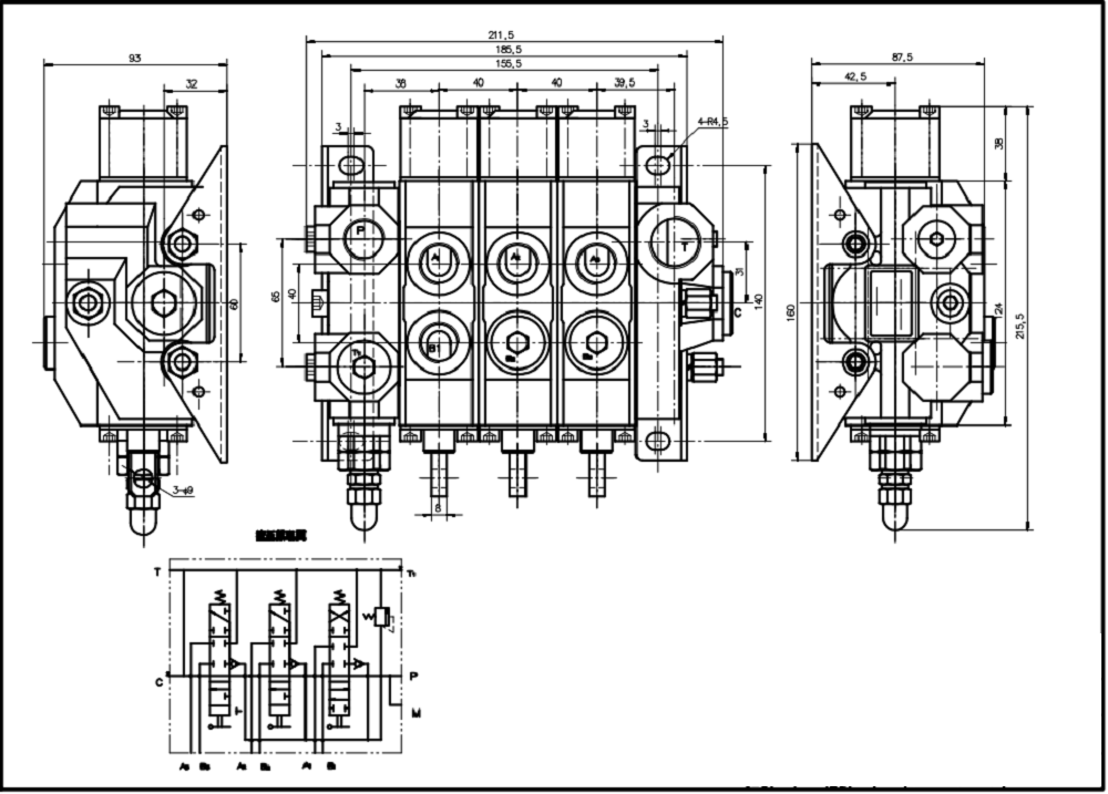 HSDS15 Manuell 3 Steuerkolben Monoblock-Wegeventil drawing image