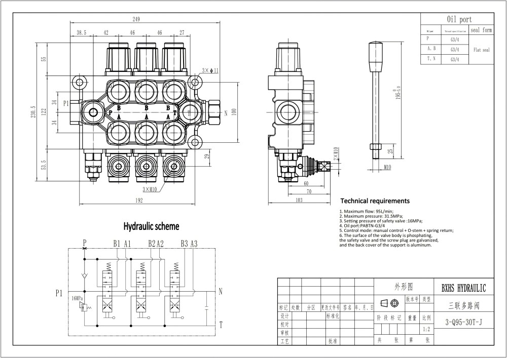 Q95 Manuell 3 Steuerkolben Monoblock-Wegeventil drawing image