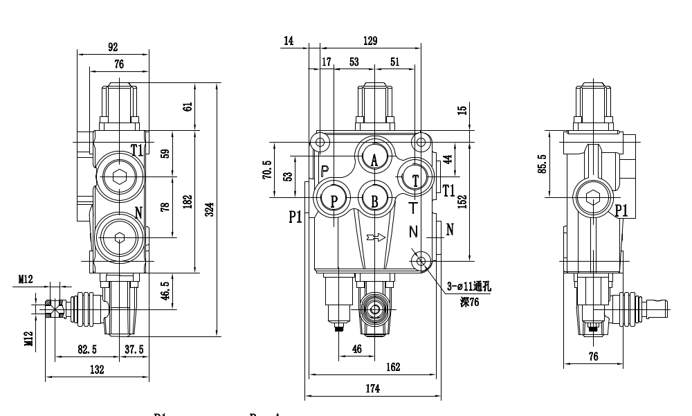 P120-G1-OT Manuell 1 Steuerkolben Monoblock-Wegeventil drawing image