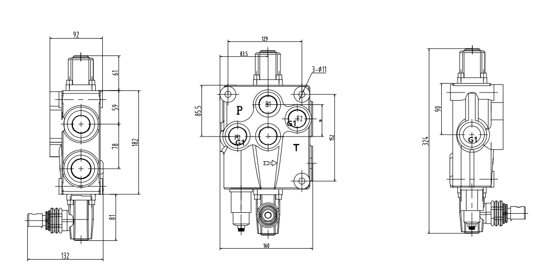 P120-G1 Manuell 1 Steuerkolben Monoblock-Wegeventil drawing image