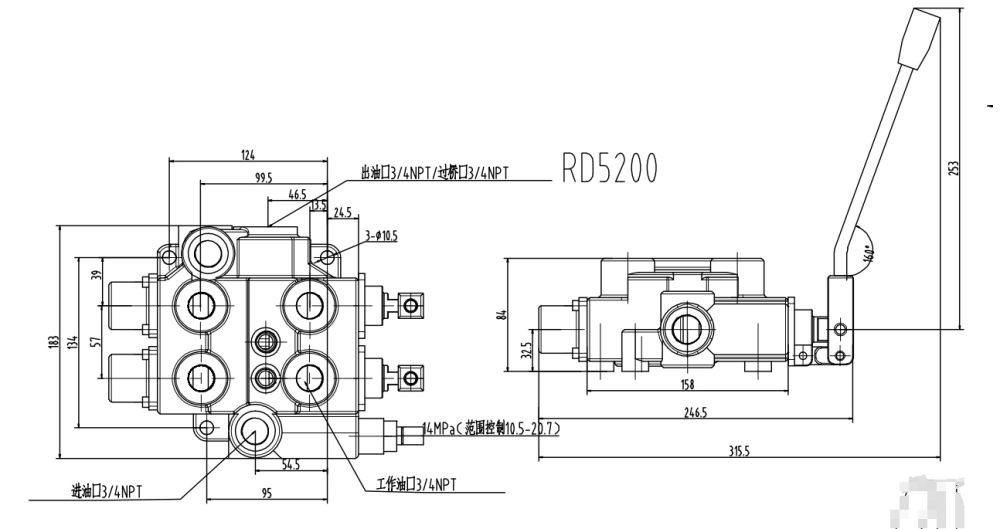 RD5200-H Manuell 2 Steuerkolben Hydraulik-Steuerventil drawing image