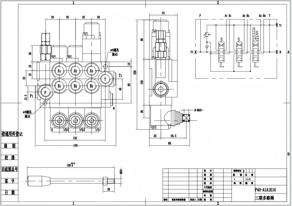 P40-G12-G38-2OT-QTW1 Manuell 3 Steuerkolben Monoblock-Wegeventil drawing image