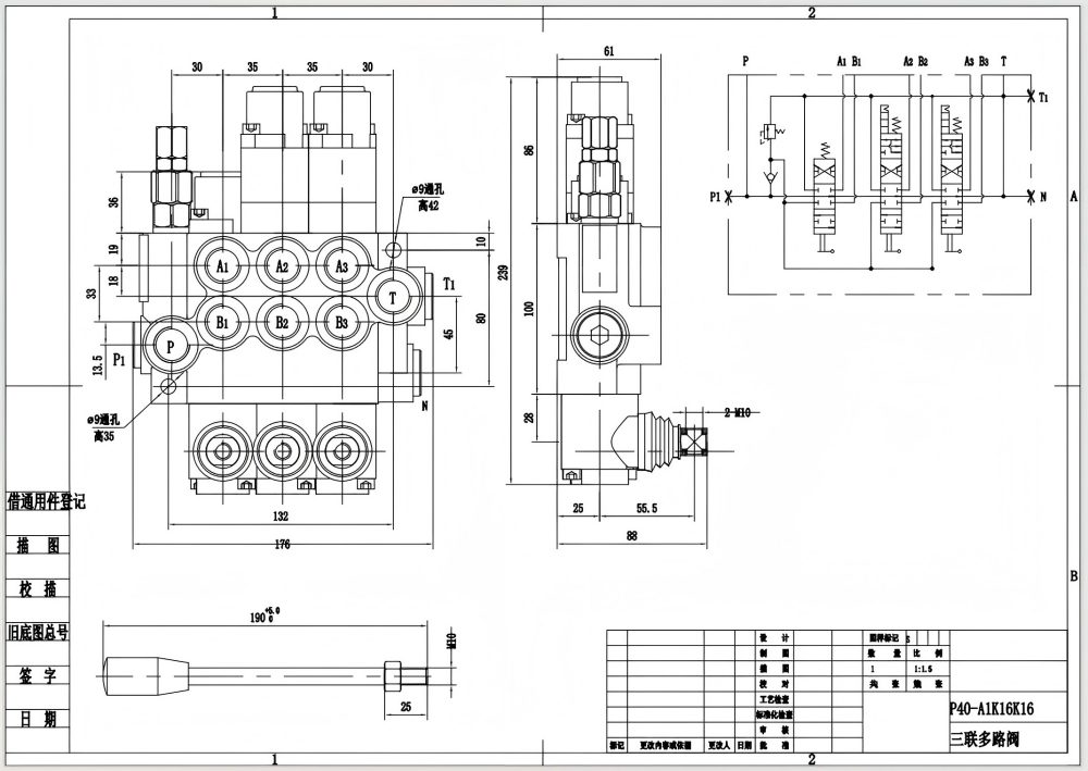 P40-G12-G38-OT-2QTW1 Manuell 3 Steuerkolben Monoblock-Wegeventil drawing image