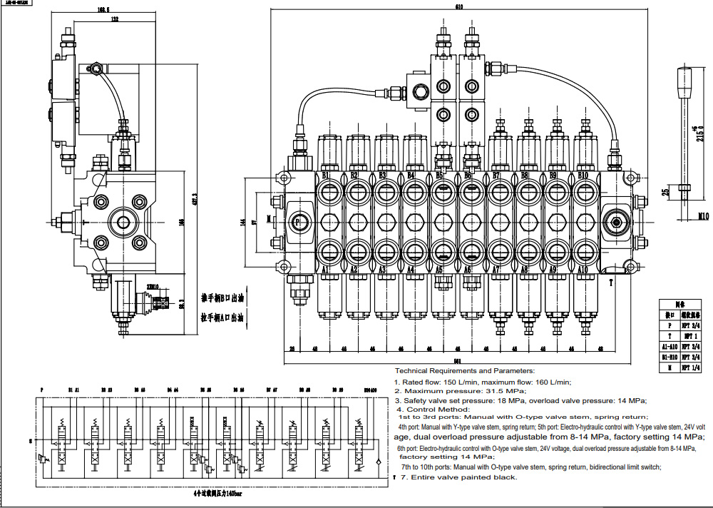 DCV150-10-NPT Manuell und elektrohydraulisch 10 Steuerkolben Sektionalwegeventil drawing image