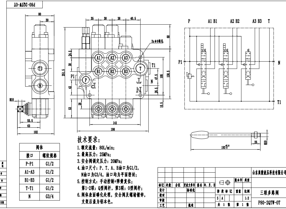 P80-G12-2QTW-OT Manuell 3 Steuerkolben Monoblock-Wegeventil drawing image