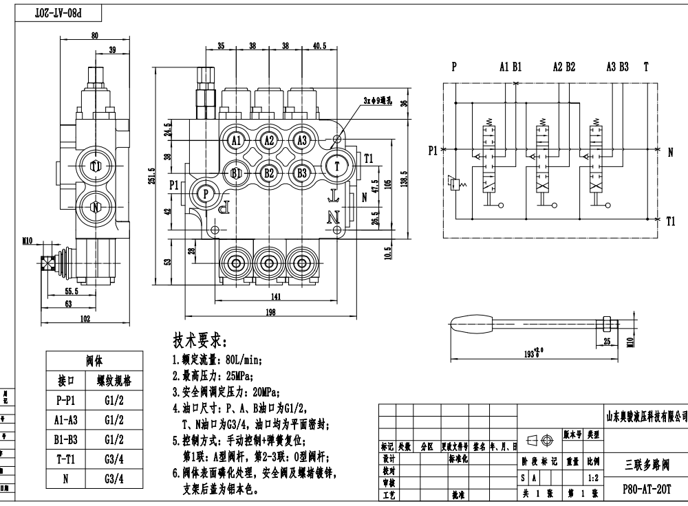 P80-G12-G34-AT-2OT Manuell 3 Steuerkolben Monoblock-Wegeventil drawing image