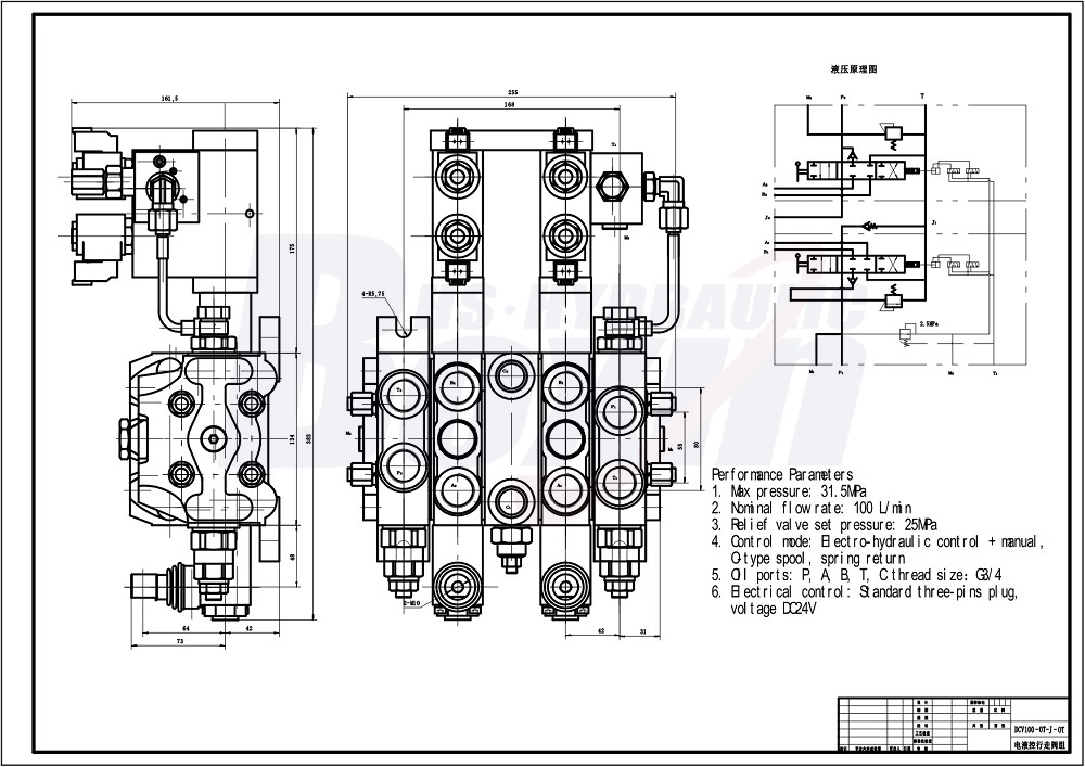 DCV100-OT-J-OT Elektrohydraulisch 2 Spulen Sektionalwegeventil drawing image